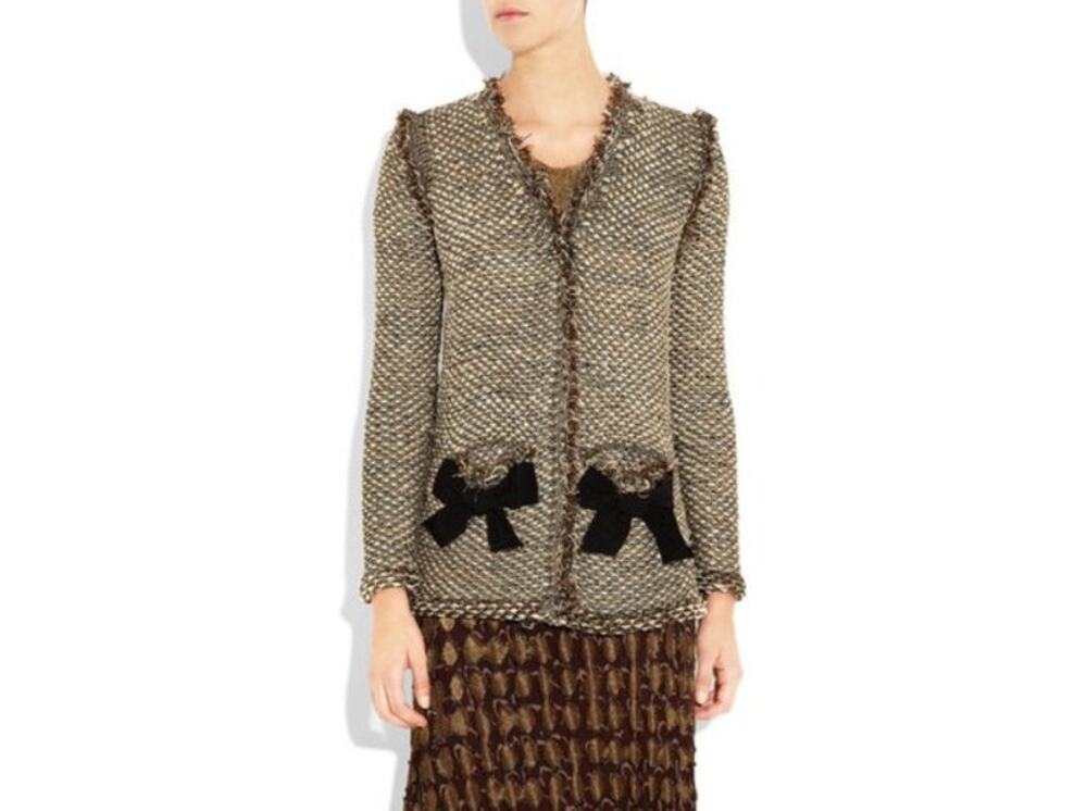 Lanvin Evening Lurex Cardigan Women's Large Brown Metallic V-Neck Grosgrain Bow